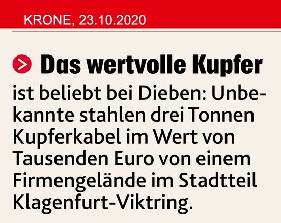 20201023 Klagenfurt 3 Tonnen Kupferkabel von Firmengelände gestohlen.jpg